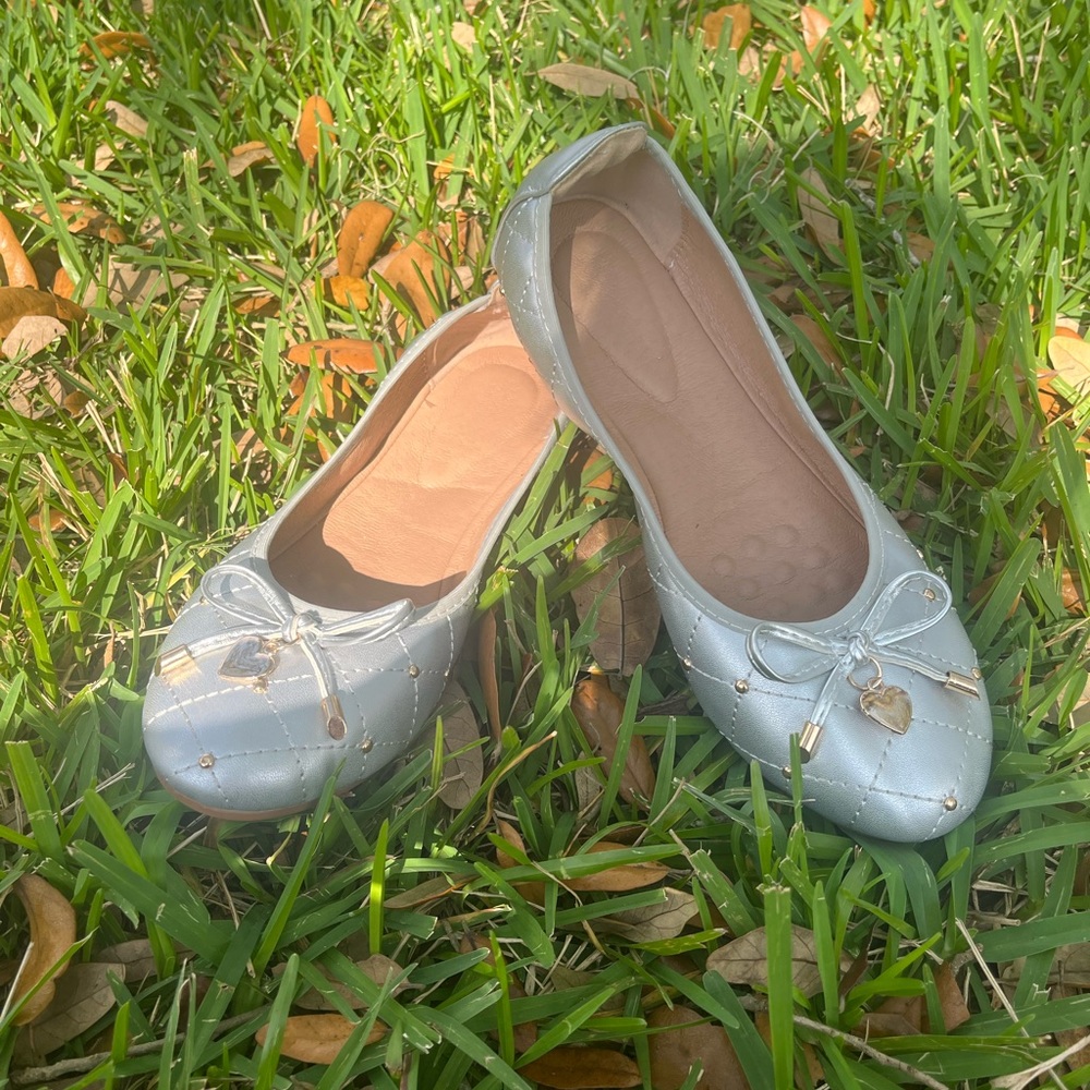 Silver Quilted Ballet Flats with Heart Charm